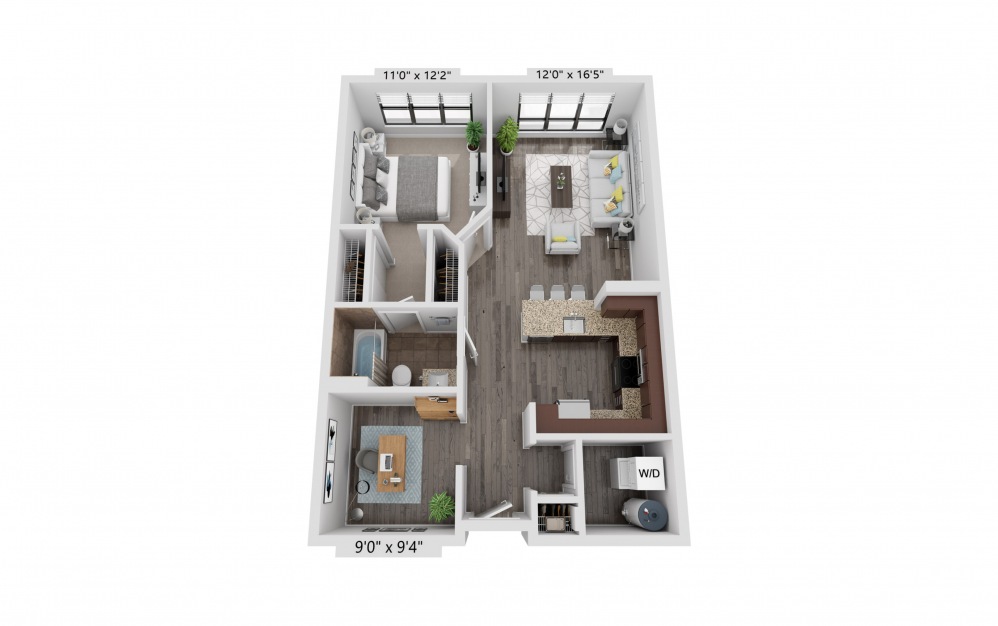 A12D - 1 bedroom floorplan layout with 1 bath and 825 square feet.