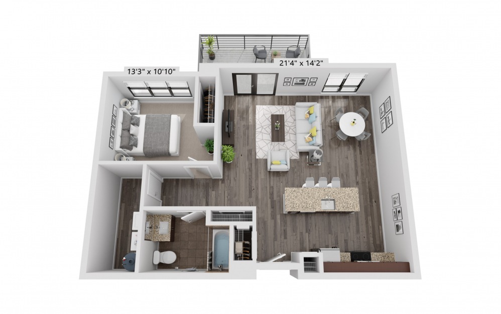 A14H - 1 bedroom floorplan layout with 1 bath and 873 square feet.