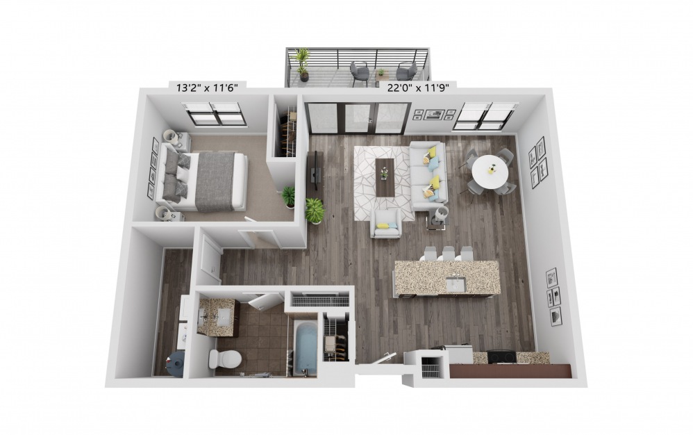 A15H - 1 bedroom floorplan layout with 1 bath and 880 square feet.