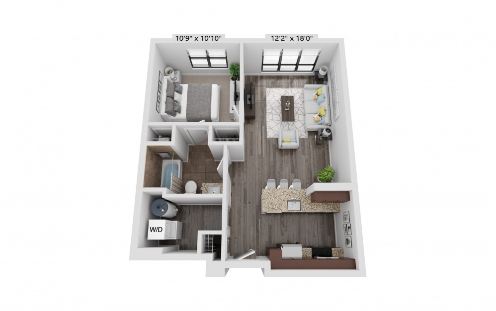 A16 - 1 bedroom floorplan layout with 1 bath and 654 square feet.
