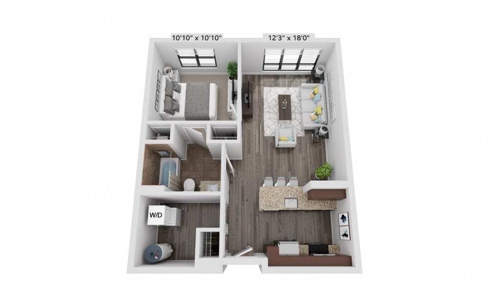 A17 - 1 bedroom floorplan layout with 1 bath and 667 square feet.