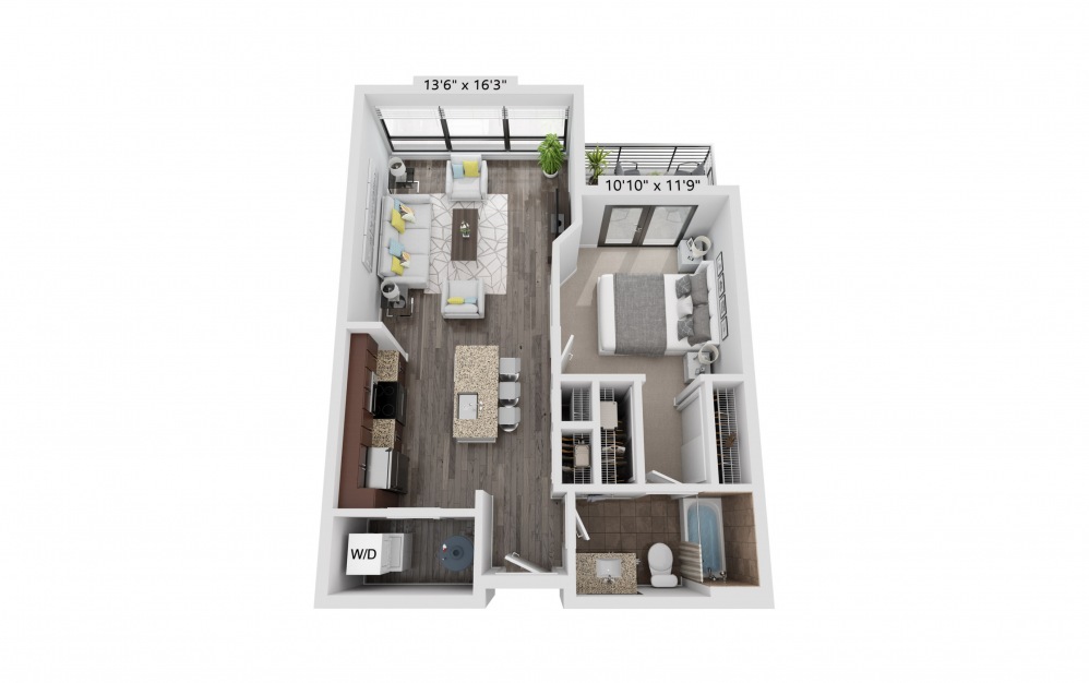 A21 - 1 bedroom floorplan layout with 1 bath and 691 square feet.