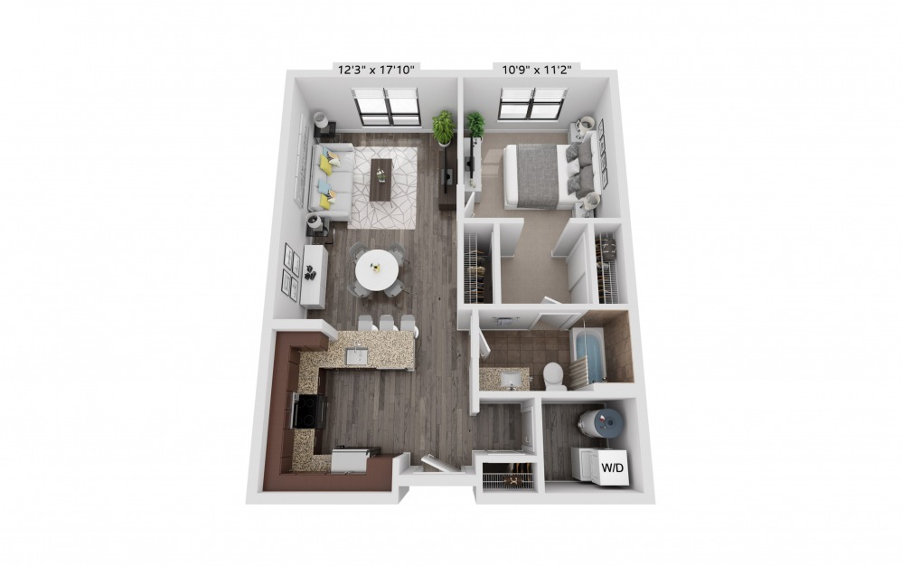 A22 - 1 bedroom floorplan layout with 1 bath and 707 square feet.