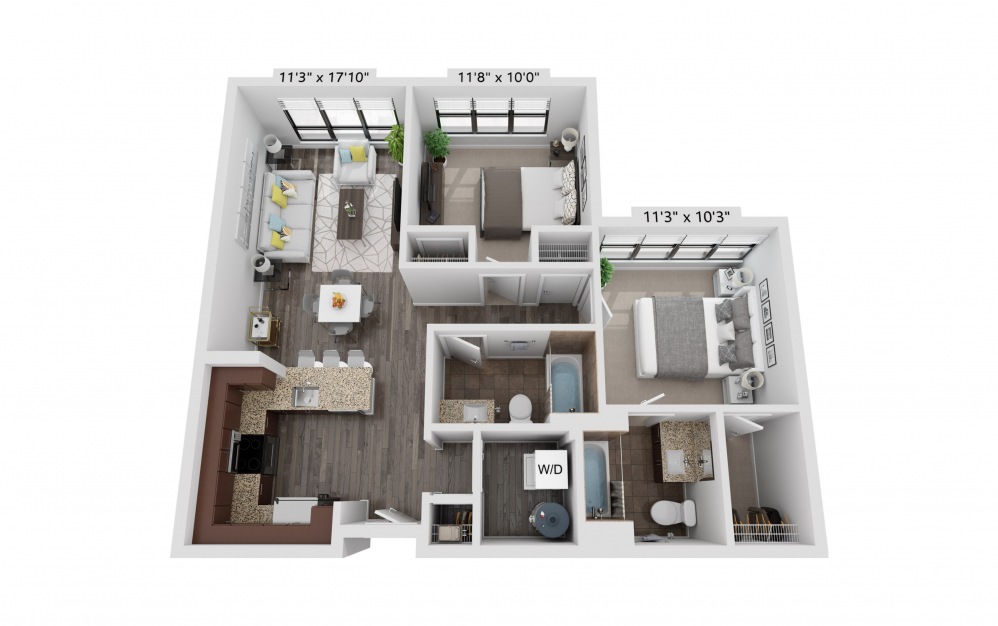 A23 - 2 bedroom floorplan layout with 2 baths and 934 square feet.
