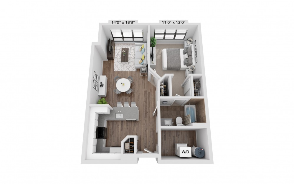 A2R - 1 bedroom floorplan layout with 1 bath and 710 square feet.