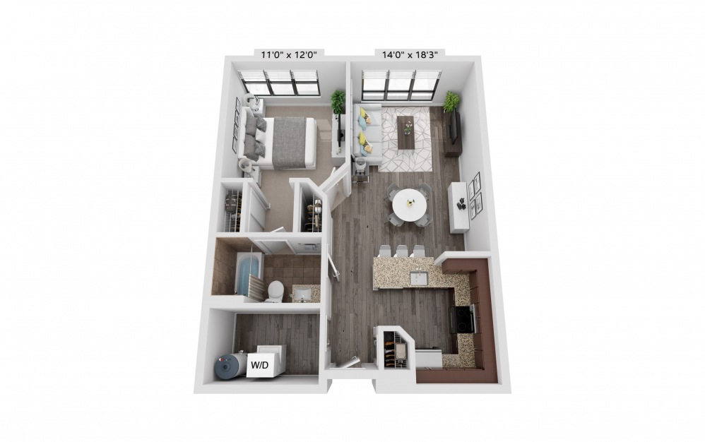 A3 - 1 bedroom floorplan layout with 1 bath and 715 square feet.