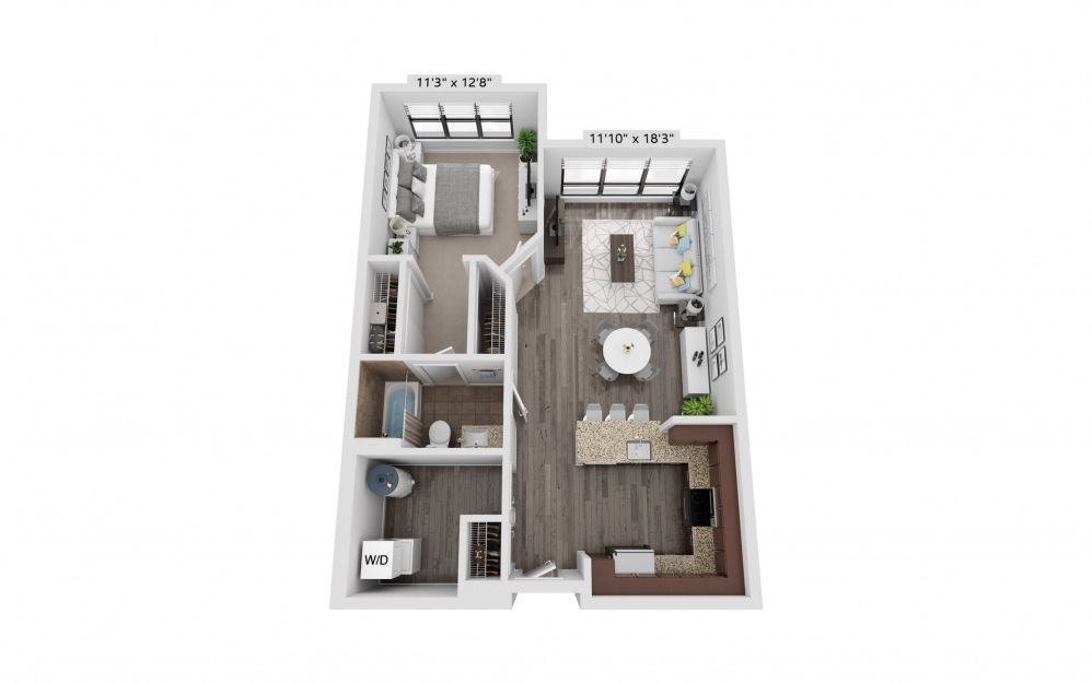 A7 - 1 bedroom floorplan layout with 1 bath and 769 square feet.