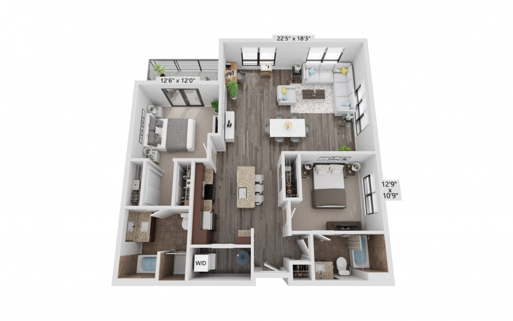 B11 - 2 bedroom floorplan layout with 2 baths and 1207 square feet.