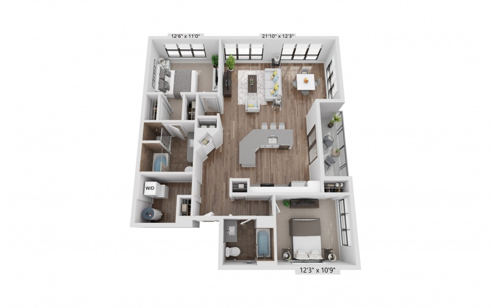 B13DR - 2 bedroom floorplan layout with 2 baths and 1300 square feet.