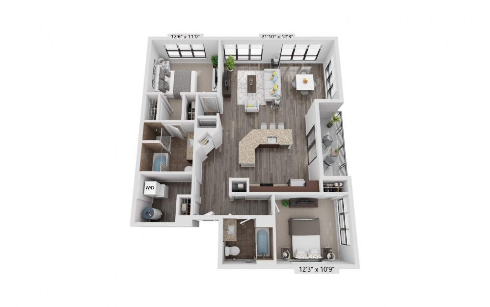 B13D - 2 bedroom floorplan layout with 2 baths and 1300 square feet.