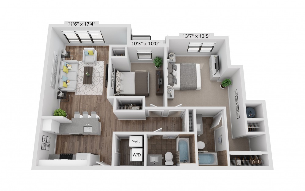 B14R - 2 bedroom floorplan layout with 2 baths and 945 square feet.
