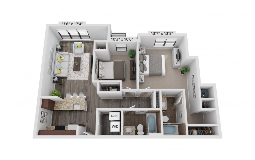 B14 - 2 bedroom floorplan layout with 2 baths and 945 square feet.