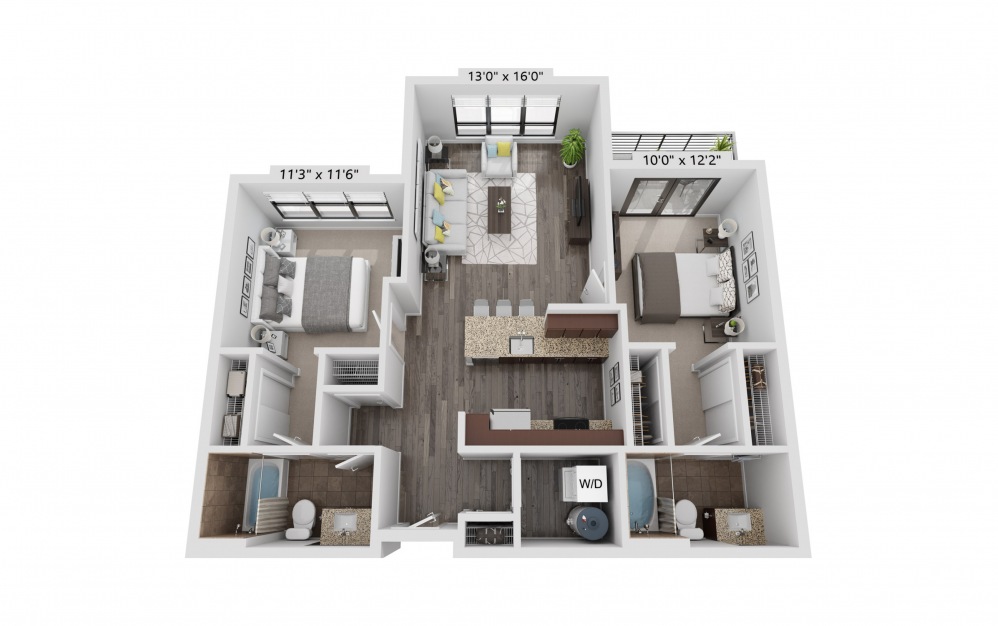 B15 - 2 bedroom floorplan layout with 2 baths and 965 square feet.