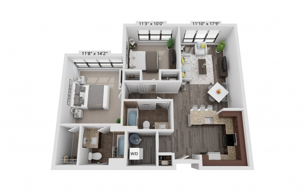 B16 - 2 bedroom floorplan layout with 2 baths and 978 square feet.