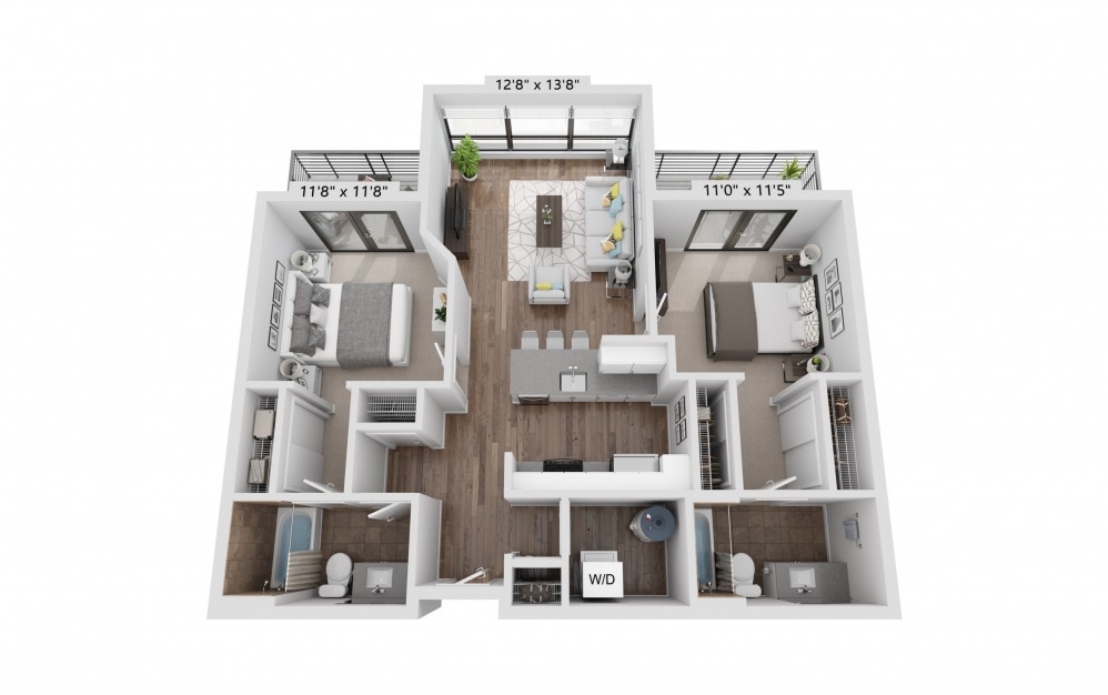 B18R - 2 bedroom floorplan layout with 2 baths and 987 square feet.