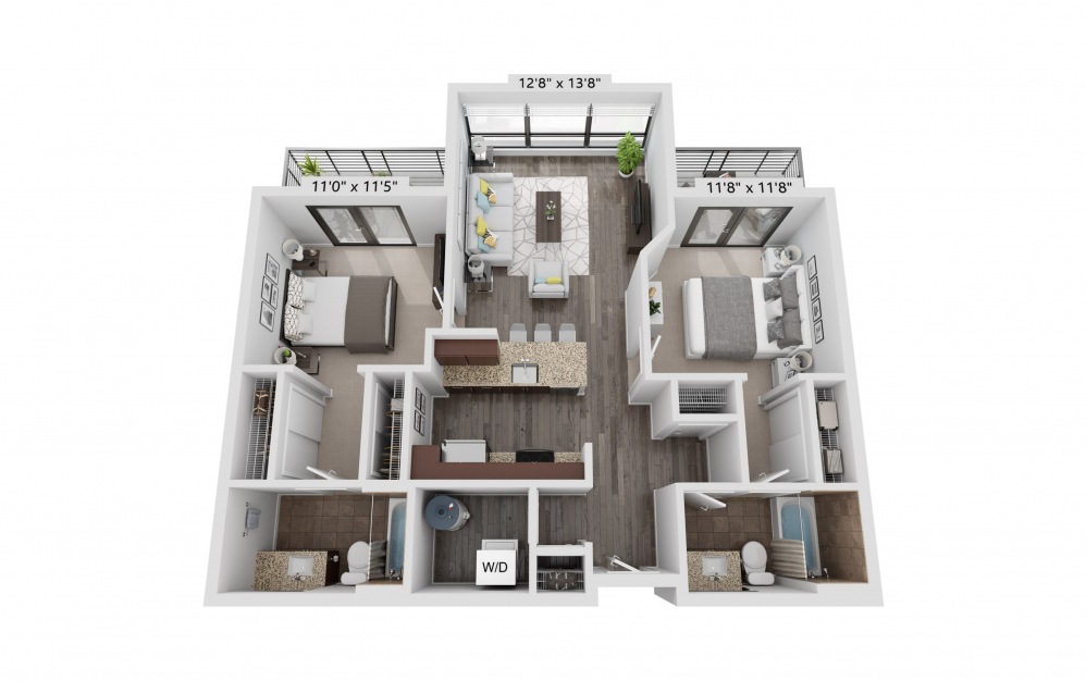 B18 - 2 bedroom floorplan layout with 2 baths and 987 square feet.