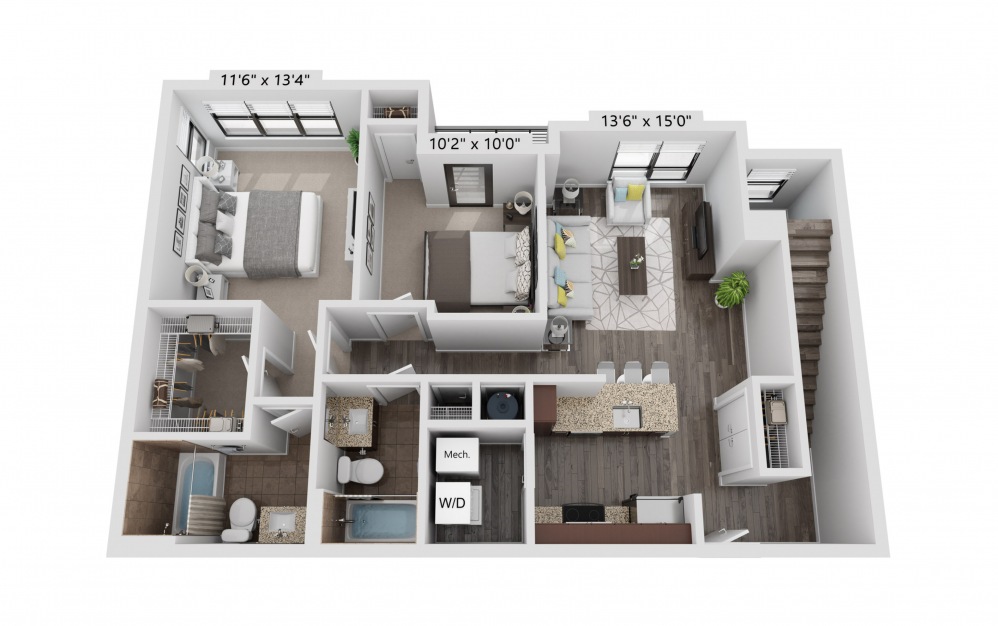 B19 - 2 bedroom floorplan layout with 2 baths and 991 square feet.