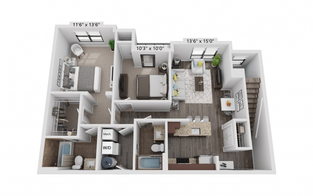 B1 - 2 bedroom floorplan layout with 2 baths and 1004 square feet.