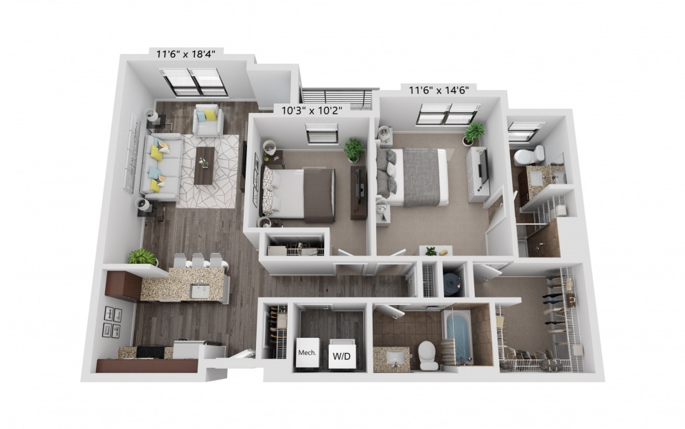 B20 - 2 bedroom floorplan layout with 2 baths and 997 square feet.