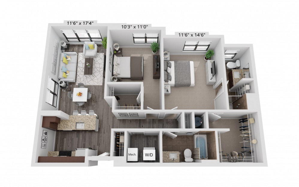 B2 - 2 bedroom floorplan layout with 2 baths and 1014 square feet.