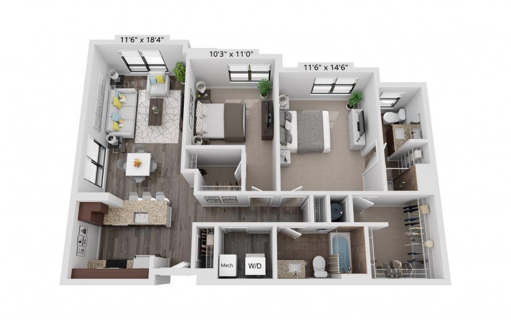 B3 - 2 bedroom floorplan layout with 2 baths and 1026 square feet.