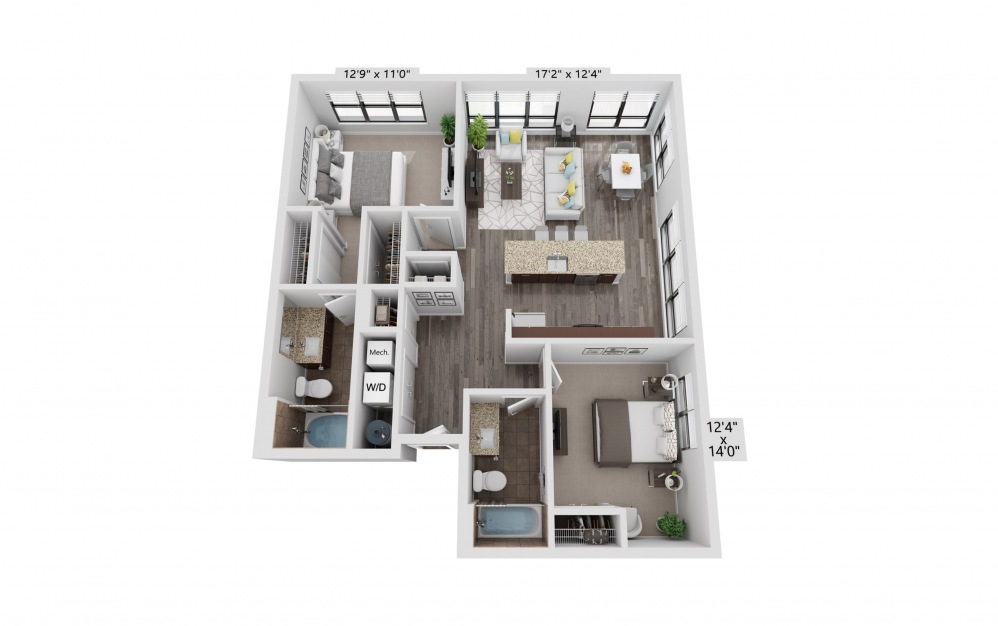 B4 - 2 bedroom floorplan layout with 2 baths and 1034 square feet.