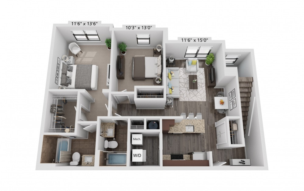 B5 - 2 bedroom floorplan layout with 2 baths and 1036 square feet.