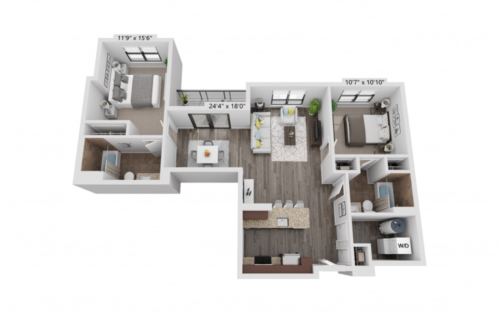 B6 - 2 bedroom floorplan layout with 2 baths and 1054 square feet.