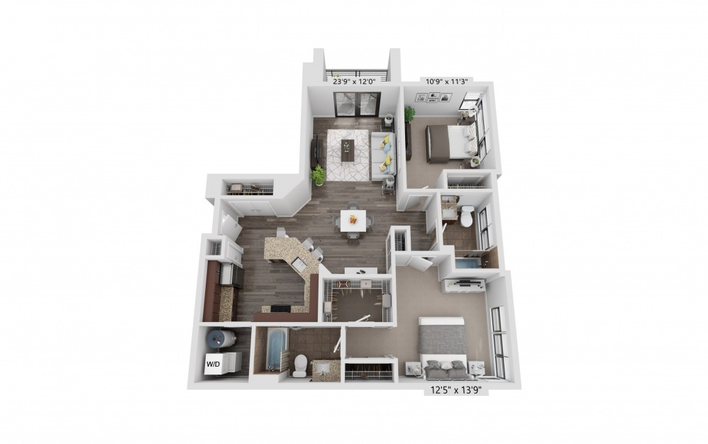 B7 - 2 bedroom floorplan layout with 2 baths and 1109 square feet.