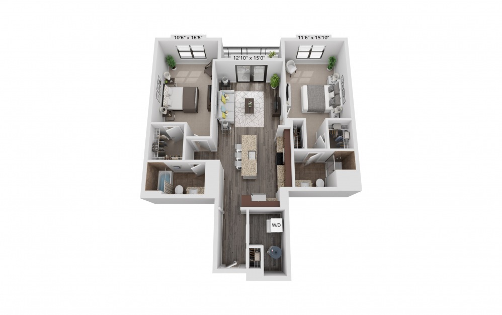 B8 - 2 bedroom floorplan layout with 2 baths and 1153 square feet.