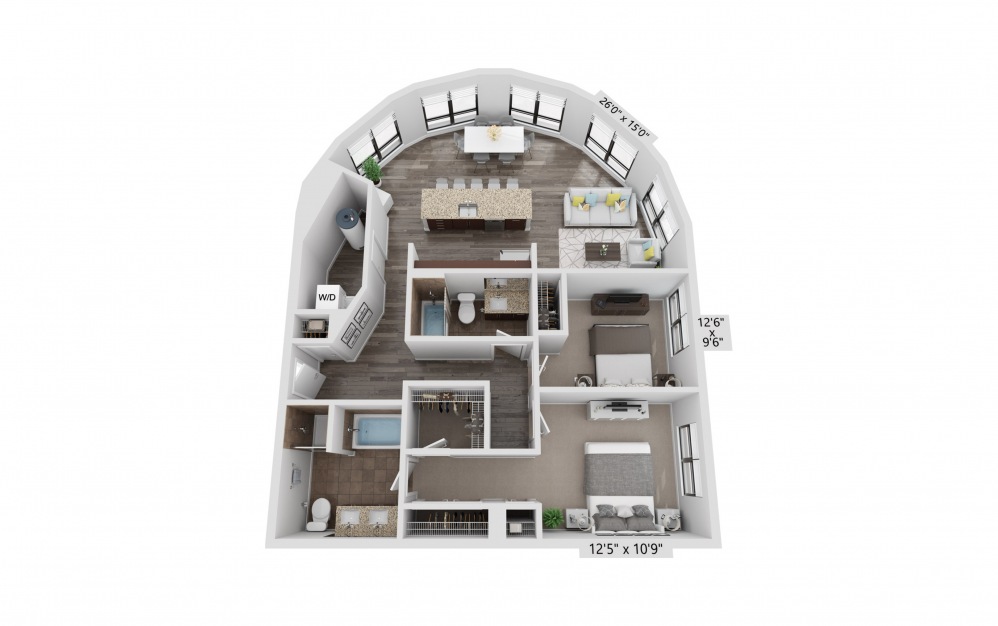 B9 - 2 bedroom floorplan layout with 2 baths and 1179 square feet.