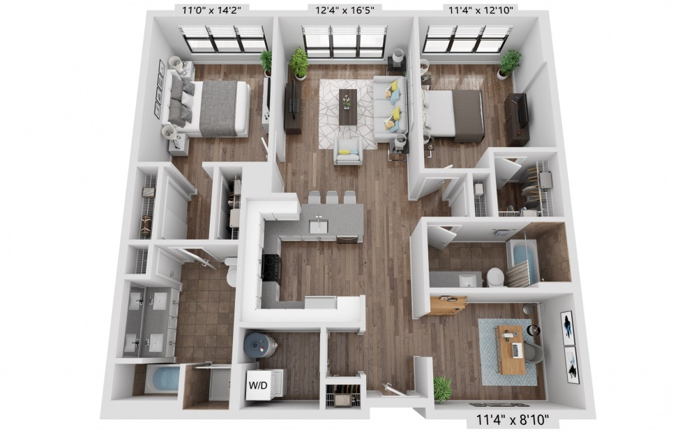 B12DR - 2 bedroom floorplan layout with 2 baths and 1219 square feet.
