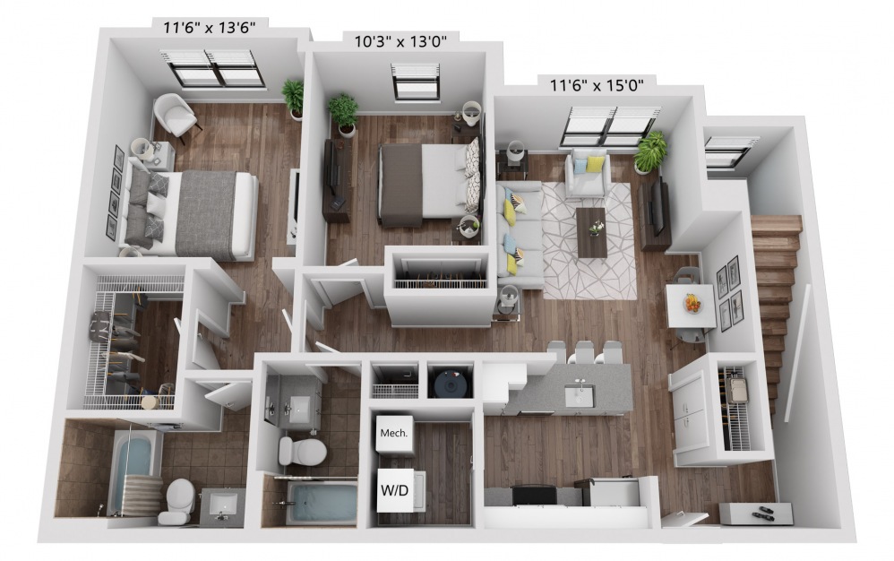 B5R - 2 bedroom floorplan layout with 2 baths and 1036 square feet.